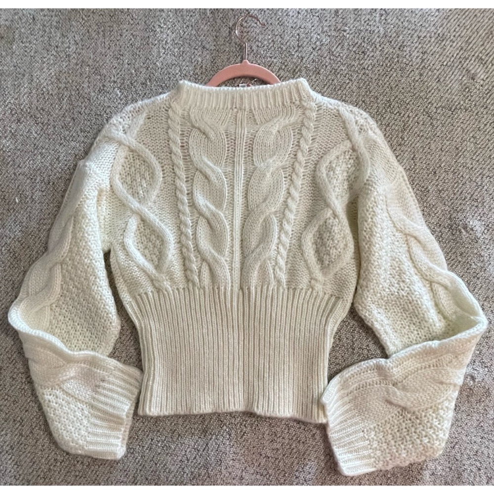 Anthropologie RAGA Kelyn Cropped Cable-Knit Sweater Pullover Ivory NWT SZ L - Picture 8 of 16